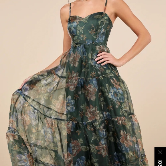 Lulus Exclusive Glamour Green Floral Organza Tiered Maxi Dress - Size S - Picture 4 of 4